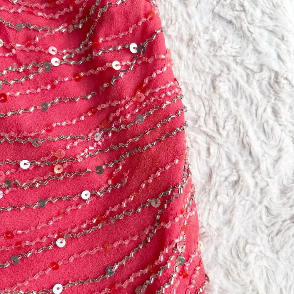 Scala prom dress coral pink 100% silk ruffle hem slip gown beaded sequin‎ formal